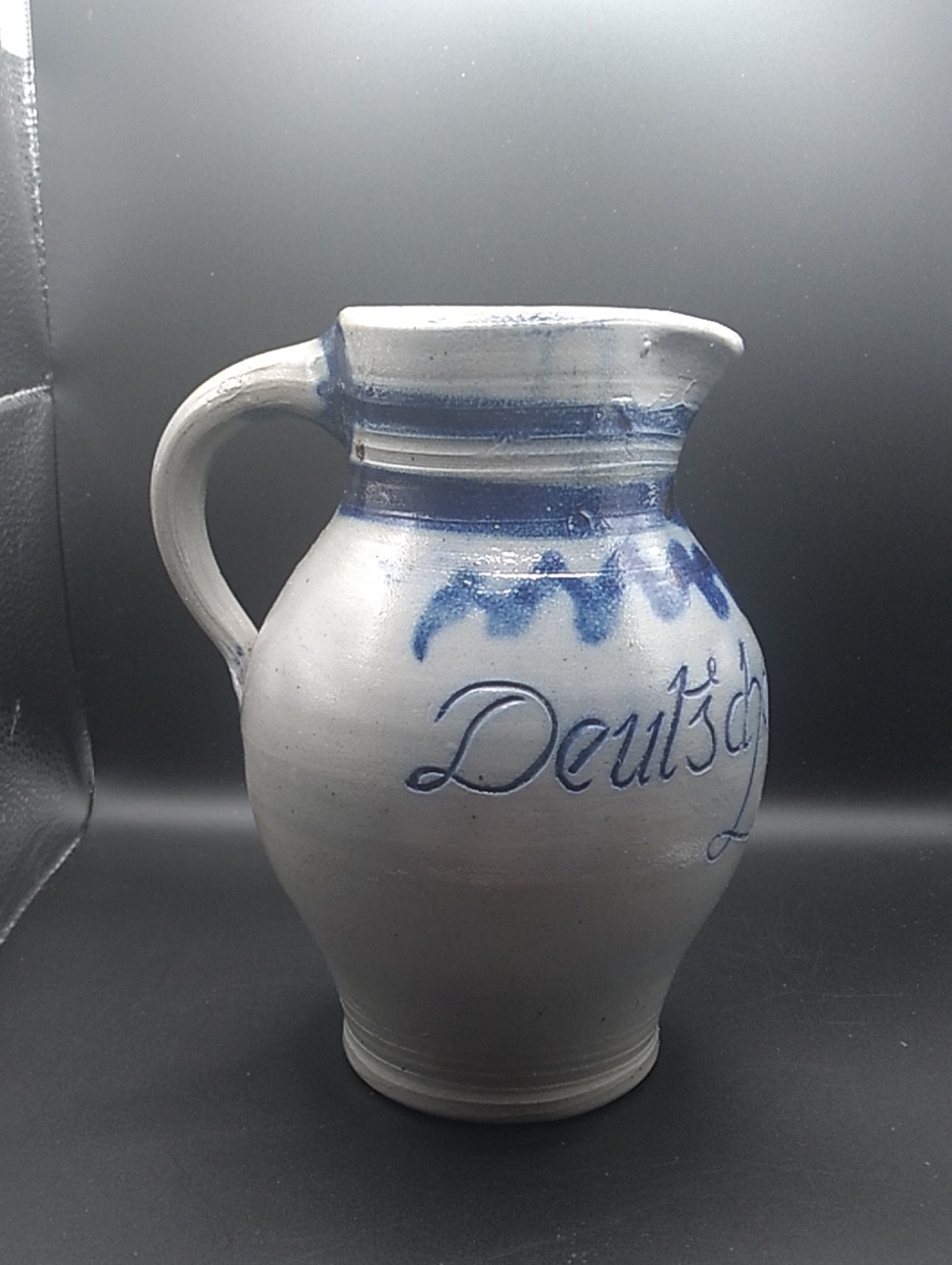 Vintage Salt Glazed Deutsch Blue & Cream Ceramic Pitcher (B8)